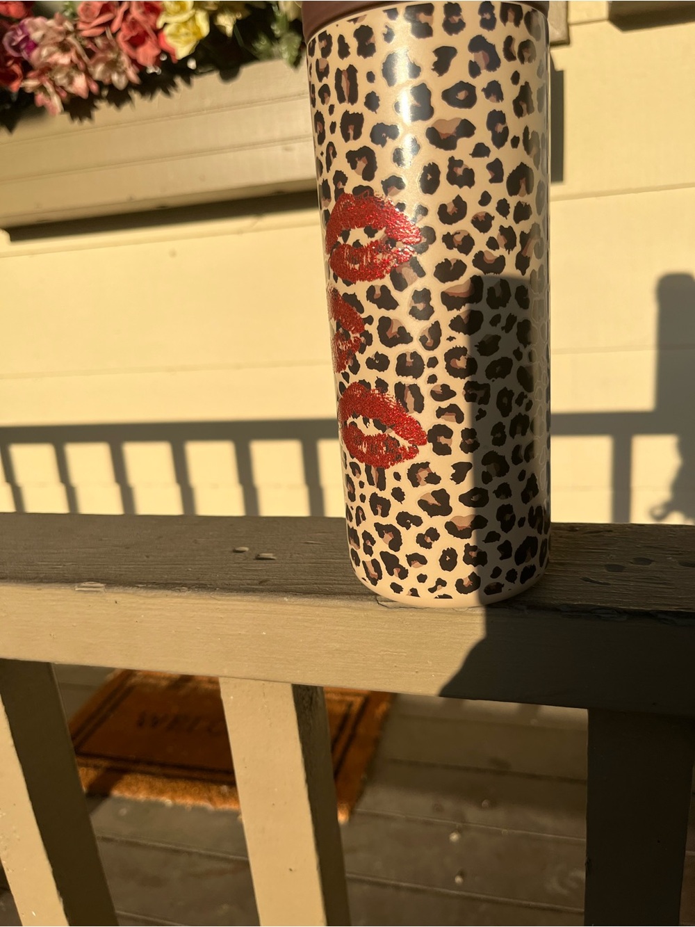 Leopard Print Travel Tumbler with Red Lip Accents